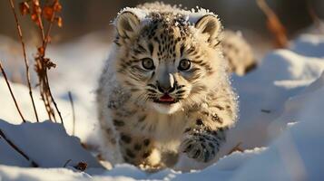 baby sneeuw luipaard, ai gegenereerd foto