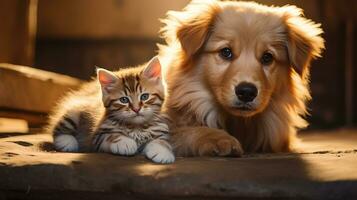 gouden retriever puppy en besnoeiing kat, ai gegenereerd foto