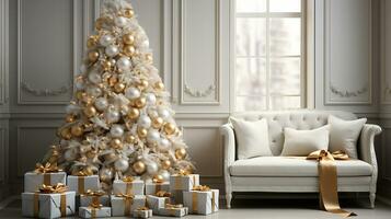 wit Kerstmis boom met geschenken, winter seizoen achtergrond, ai gegenereerd foto