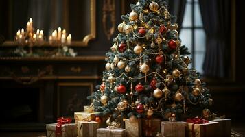 Kerstmis decoraties en cadeaus achtergrond, ai gegenereerd foto