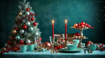 een mooi tafel met Kerstmis decoraties gegenereerd door ai foto