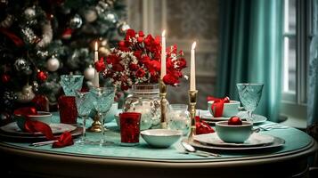 een mooi tafel met Kerstmis decoraties gegenereerd door ai foto