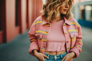 modieus vrouw denim borduurwerk kijken - ai gegenereerd foto