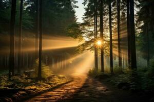 vroeg ochtend- Woud van esdoorn- bomen ai gegenereerd foto