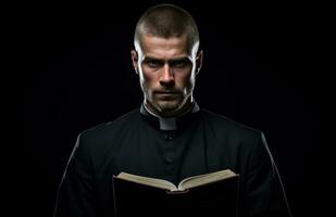 naamloos priester Mens op zoek Bij Bijbel. foto