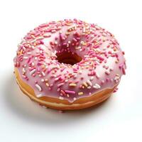 een donut versierd met roze suikerglazuur met hagelslag, geïsoleerd foto