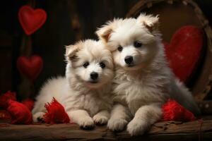 twee zoet puppy's met bloemen en harten. ai gegenereerd foto