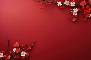 Chinese nieuw jaar decoraties met sakura bloemen Aan rood achtergrond. ai gegenereerd foto