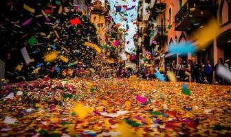 een regenboog van kleurrijk confetti regende naar beneden creëren gebruik makend van generatief ai gereedschap foto