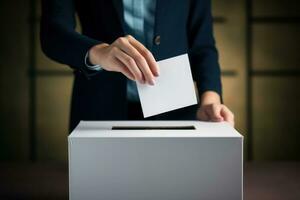 vrouw kiezer hand- zetten bulletin in stemming doos. generatief ai foto