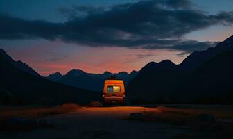 de gloeiend licht van de camper busje verlichte de mooi natuur in de omgeving van het. creëren gebruik makend van generatief ai gereedschap foto