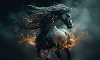 de intens vlammen omhullen een majestueus paard tegen een donker achtergrond. creëren gebruik makend van generatief ai gereedschap foto
