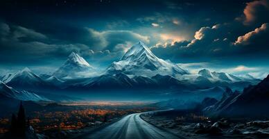 asfalt weg uitrekken in de afstand, berg besneeuwd landschap - ai gegenereerd beeld foto