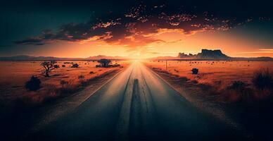 asfalt weg uitrekken in de afstand, berg zonsondergang - ai gegenereerd beeld foto