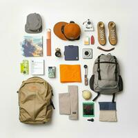 toerist zak en accessoires set. rugzak inhoud, benodigdheden, dingen, benodigdheden en uitrusting foto