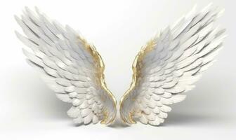 hemels gouden en wit engel Vleugels in een sereen wit achtergrond creëren gebruik makend van generatief ai gereedschap foto