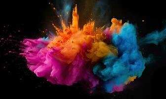 helder kleurrijk verf poeder exploderend Aan donker achtergrond creëren gebruik makend van generatief ai gereedschap foto