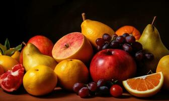 een levendig Scherm van vers, geassorteerd fruit Aan een kleurrijk achtergrond. creëren gebruik makend van generatief ai gereedschap foto