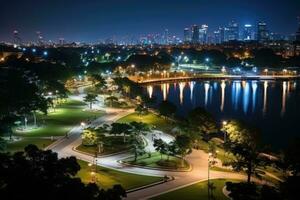 een park in een bruisend stad met breed Open ruimte bloem velden ai gegenereerd foto