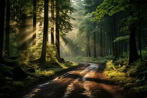 vroeg ochtend- Woud van esdoorn- bomen ai gegenereerd foto