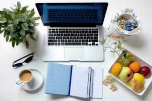 gebruik makend van de persoonlijk computer Aan de tafel ai gegenereerd foto