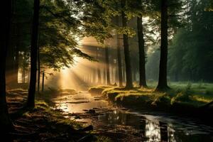 vroeg ochtend- Woud van esdoorn- bomen ai gegenereerd foto