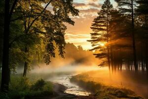 vroeg ochtend- Woud van esdoorn- bomen ai gegenereerd foto