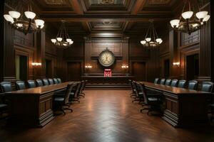 leeg rechtszaal de rechter rechtbank kamer professioneel reclame fotografie ai generatief foto