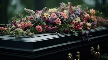 donker lijkkist met bloemen, begrafenis ceremonie en afscheid. generatief ai foto