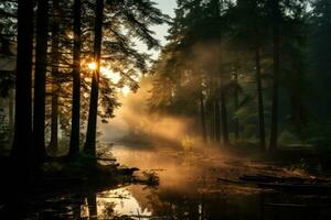 vroeg ochtend- Woud van esdoorn- bomen ai gegenereerd foto