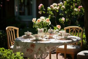 tafel reeks voor een zomer brunch in de tuin ai gegenereerd foto