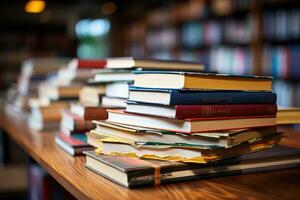 stapel van boek Aan de top tafel in bibliotheek professioneel reclame fotografie ai generatief foto