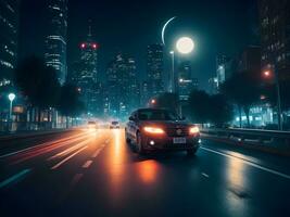 een in beweging auto in de nacht stad ai genereren foto