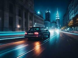 een in beweging auto in de nacht stad ai genereren foto