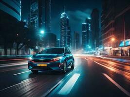 een in beweging auto in de nacht stad ai genereren foto