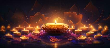 gloeiend kaarsen voor Indisch vakantie diwali festival van lichten Aan donker achtergrond. ai gegenereerd foto