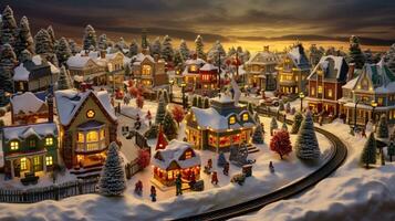 ai generatief realistisch knus klein Kerstmis stad- door nacht isometrische of vogelstand oog visie foto