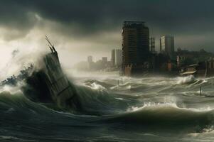 tsunami zee stad golven. genereren ai foto