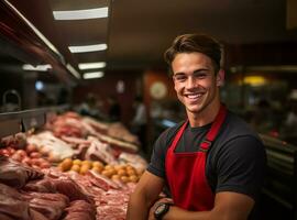 slager winkel, een jong Mens staat klaar achter de vlees balie, een embleem van toewijding naar zijn ambacht. ai gegenereerd foto