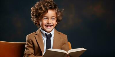 jongen is lachend met een boek, generatief ai foto