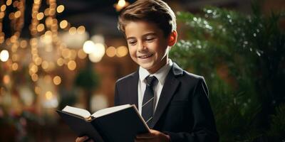 jongen is lachend met een boek, generatief ai foto