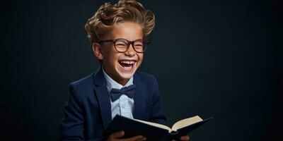 jongen is lachend met een boek, generatief ai foto