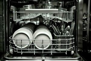 geopend vaatwasser machine in keuken kamer met vuil borden of schoon gerechten na het wassen binnen concept door ai gegenereerd foto