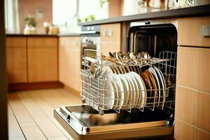 geopend vaatwasser machine in keuken kamer met vuil borden of schoon gerechten na het wassen binnen concept door ai gegenereerd foto