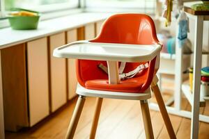 conventioneel baby voeden stoel in de dining tafel Bij huis of keuken. kind hoog stoel meubilair concept door ai gegenereerd foto