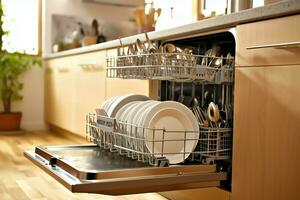 geopend vaatwasser machine in keuken kamer met vuil borden of schoon gerechten na het wassen binnen concept door ai gegenereerd foto