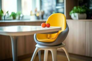 conventioneel baby voeden stoel in de dining tafel Bij huis of keuken. kind hoog stoel meubilair concept door ai gegenereerd foto