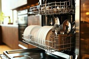 geopend vaatwasser machine in keuken kamer met vuil borden of schoon gerechten na het wassen binnen concept door ai gegenereerd foto