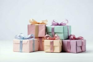kleurrijk geschenk dozen Cadeau met lint en boog. voor verjaardag, Kerstmis geschenk of Valentijn gelegenheden concept door ai gegenereerd foto