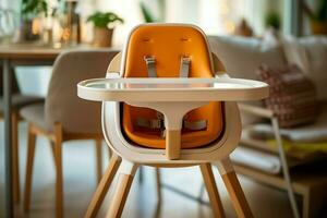 conventioneel baby voeden stoel in de dining tafel Bij huis of keuken. kind hoog stoel meubilair concept door ai gegenereerd foto